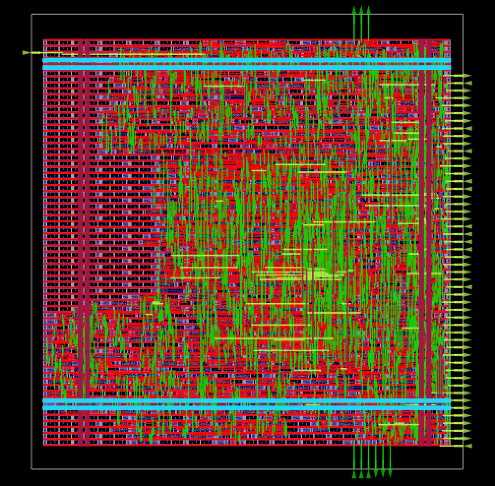 BinGo GDSII layout on the sky130 PDK: a dense, roughly square field of standard cells and routing on raw silicon.